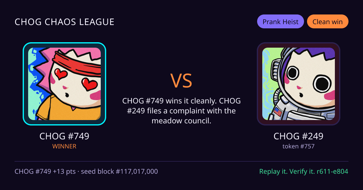 Highlight card: CHOG #749 versus CHOG #249