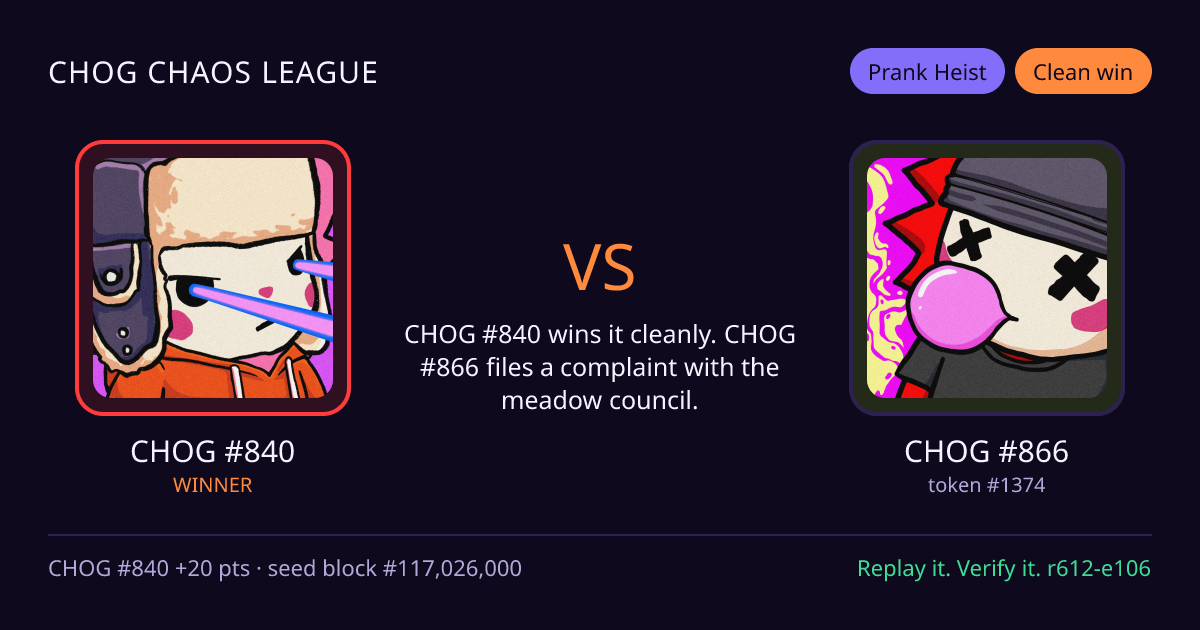 Highlight card: CHOG #840 versus CHOG #866