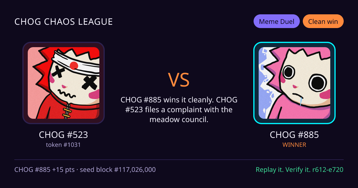Highlight card: CHOG #523 versus CHOG #885