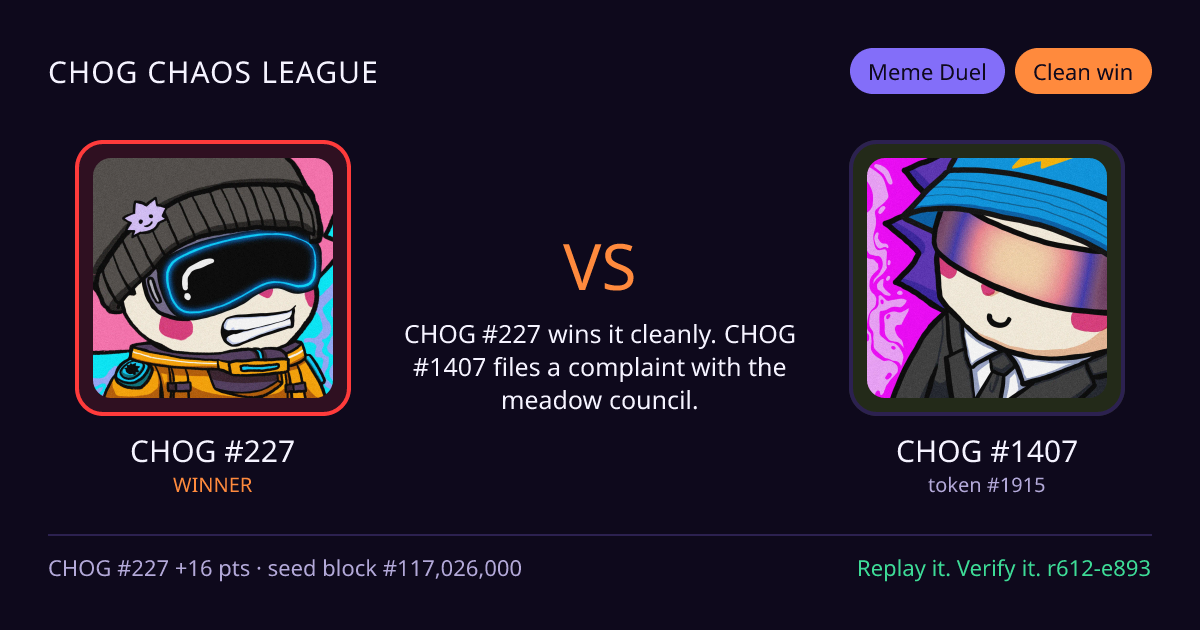 Highlight card: CHOG #227 versus CHOG #1407