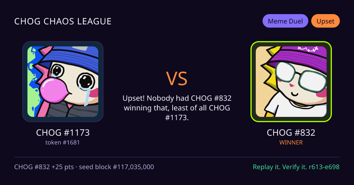 Highlight card: CHOG #1173 versus CHOG #832