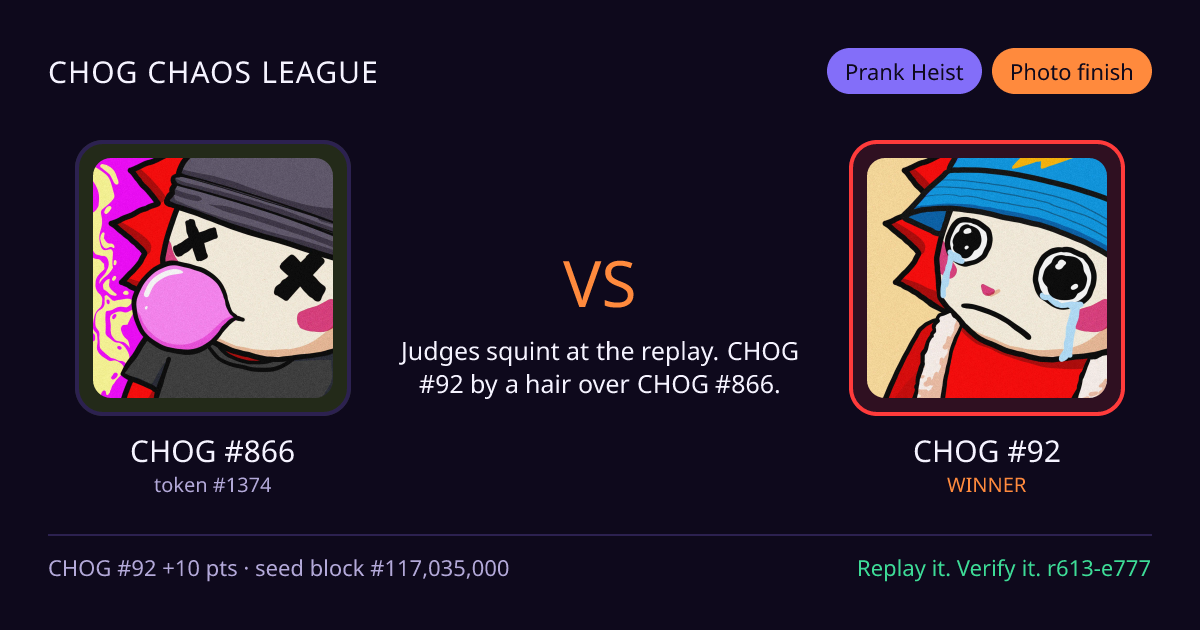 Highlight card: CHOG #866 versus CHOG #92