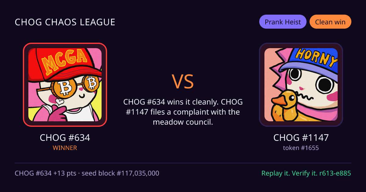 Highlight card: CHOG #634 versus CHOG #1147