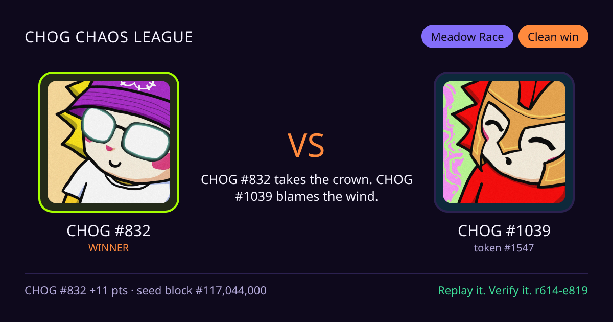 Highlight card: CHOG #832 versus CHOG #1039
