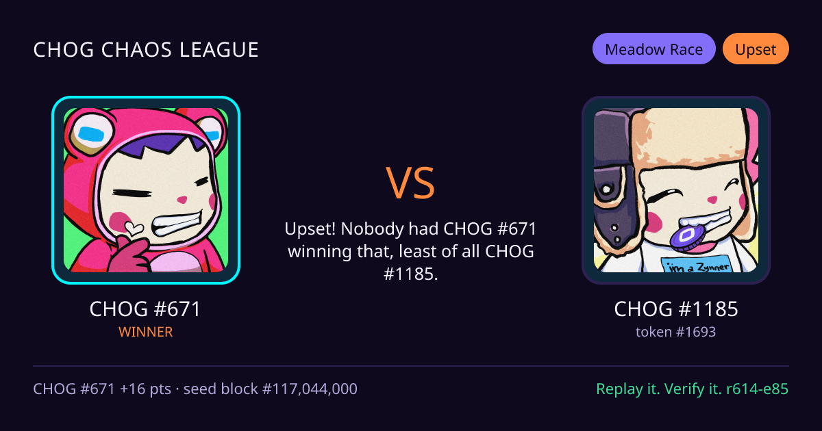 Highlight card: CHOG #671 versus CHOG #1185