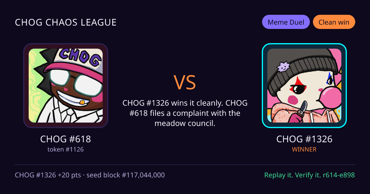Highlight card: CHOG #618 versus CHOG #1326