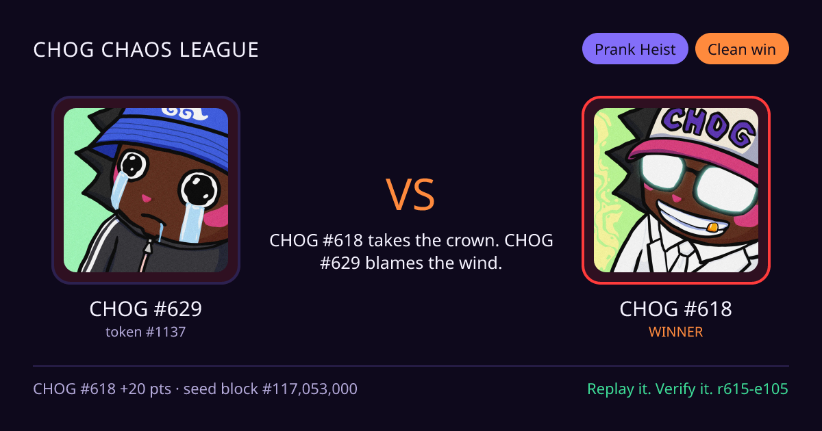 Highlight card: CHOG #629 versus CHOG #618