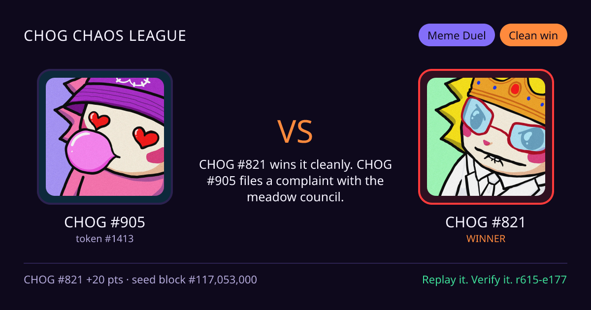 Highlight card: CHOG #905 versus CHOG #821