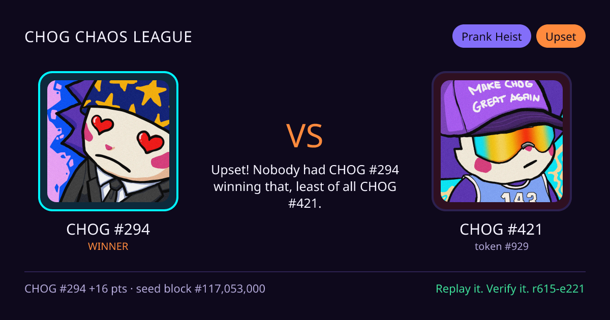 Highlight card: CHOG #294 versus CHOG #421