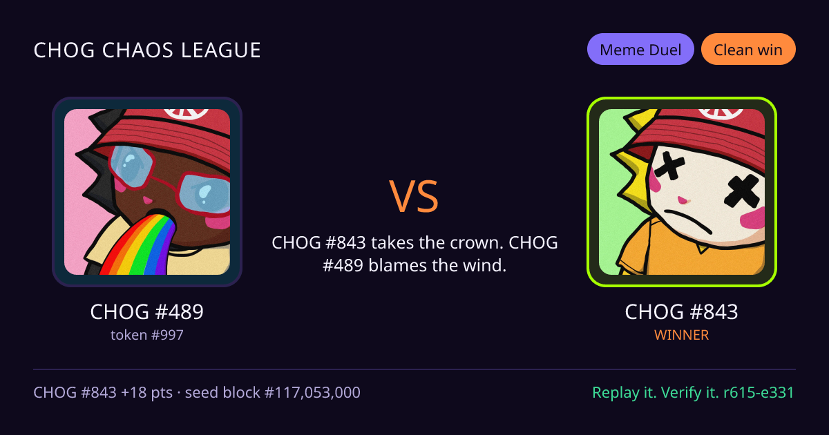 Highlight card: CHOG #489 versus CHOG #843