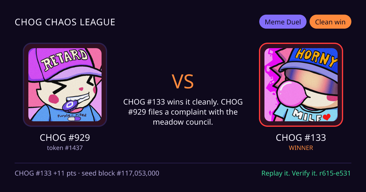 Highlight card: CHOG #929 versus CHOG #133