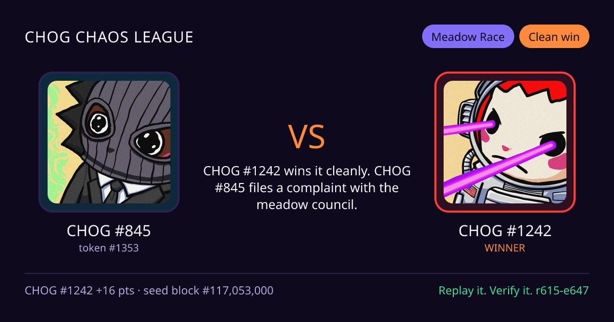 Highlight card: CHOG #845 versus CHOG #1242