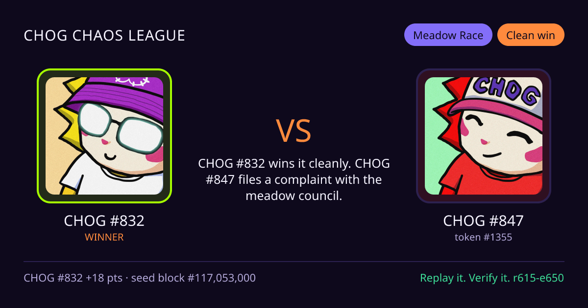 Highlight card: CHOG #832 versus CHOG #847