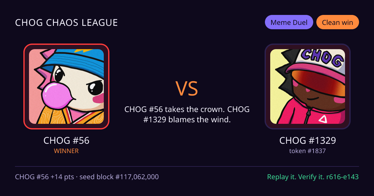 Highlight card: CHOG #56 versus CHOG #1329