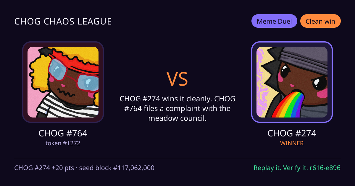 Highlight card: CHOG #764 versus CHOG #274