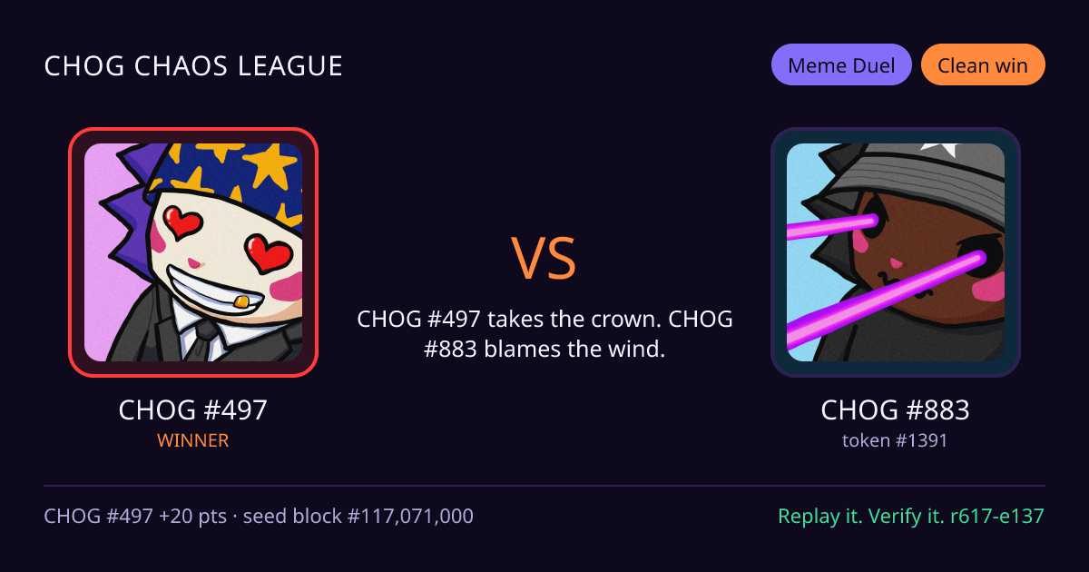Highlight card: CHOG #497 versus CHOG #883
