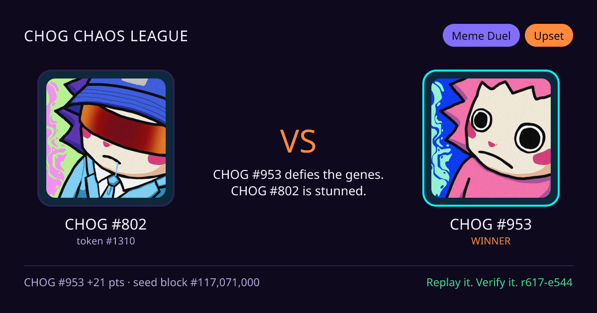 Highlight card: CHOG #802 versus CHOG #953