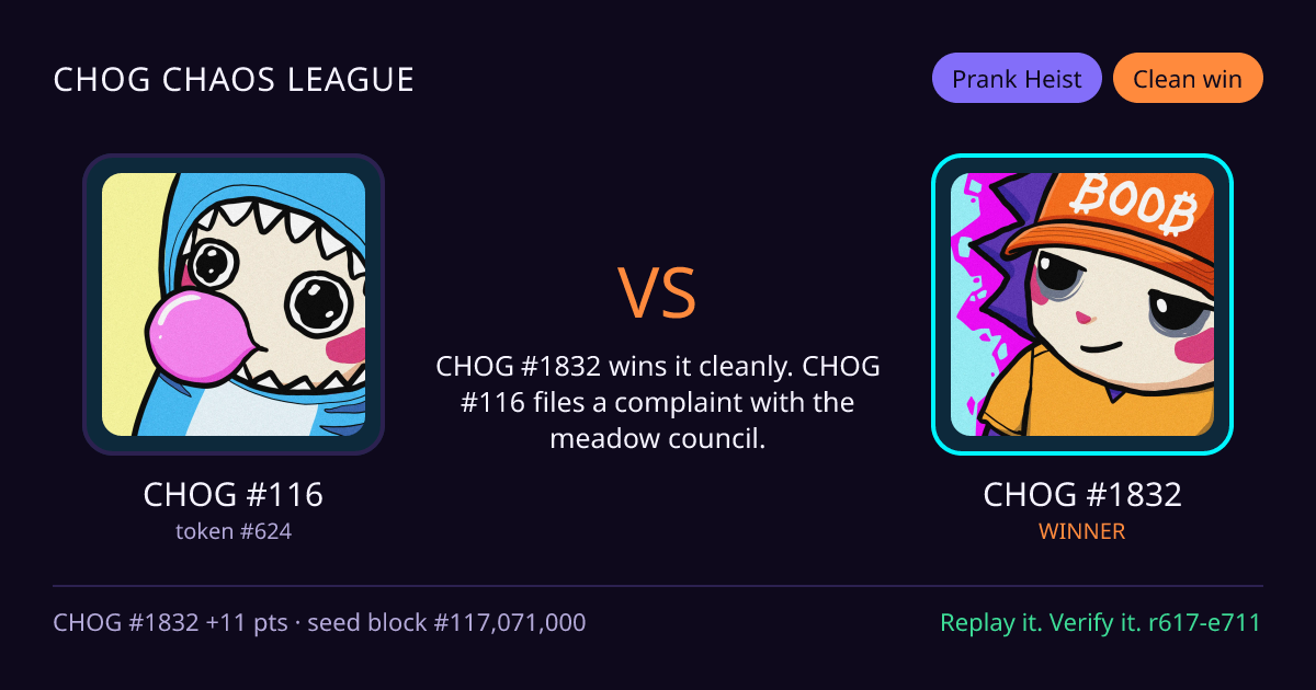 Highlight card: CHOG #116 versus CHOG #1832