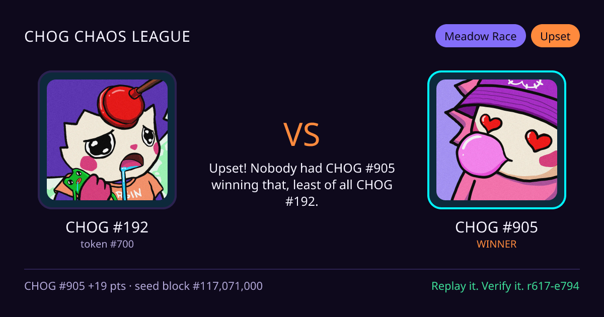 Highlight card: CHOG #192 versus CHOG #905