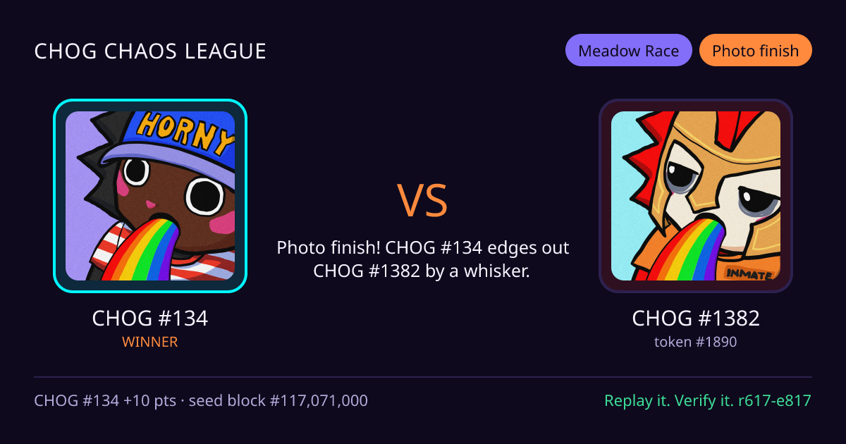 Highlight card: CHOG #134 versus CHOG #1382