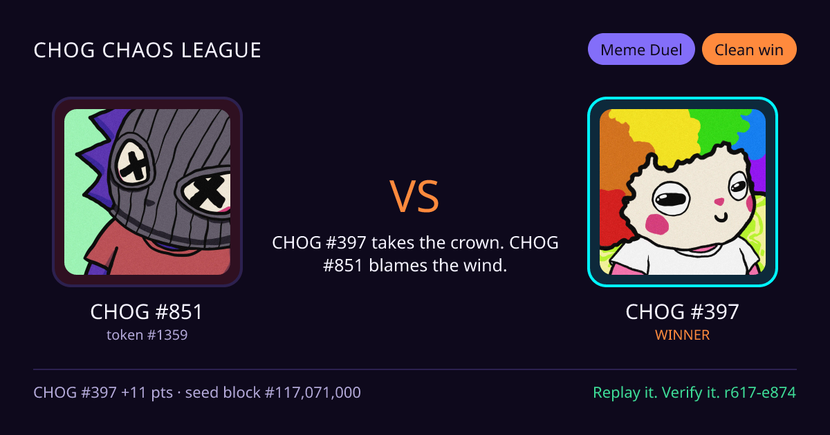 Highlight card: CHOG #851 versus CHOG #397
