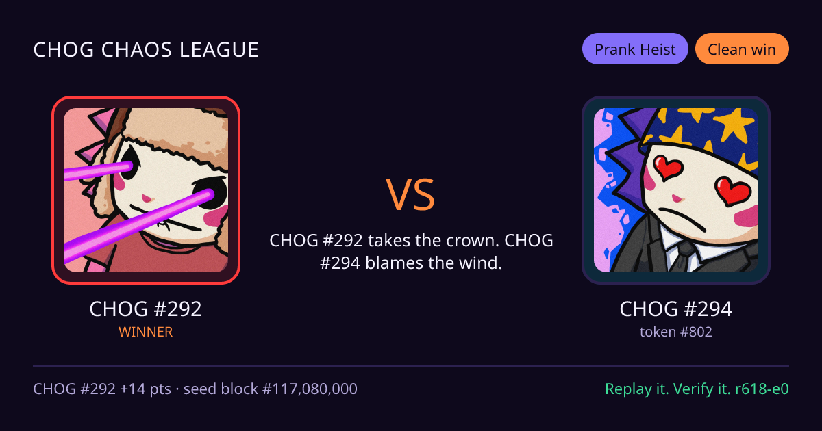 Highlight card: CHOG #292 versus CHOG #294