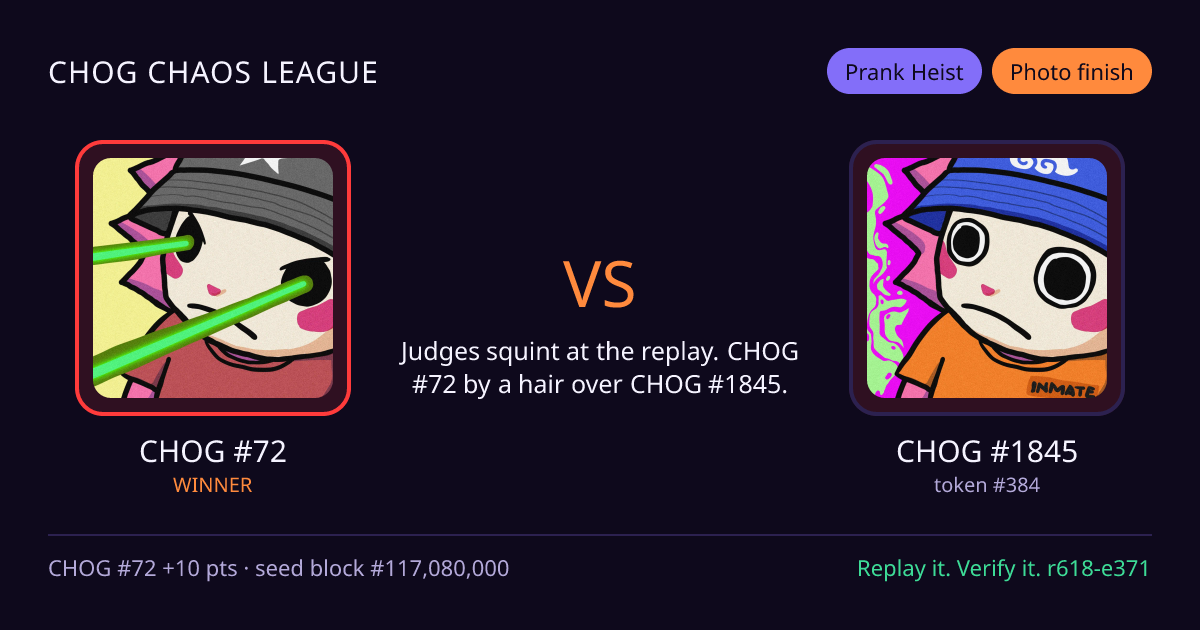 Highlight card: CHOG #72 versus CHOG #1845