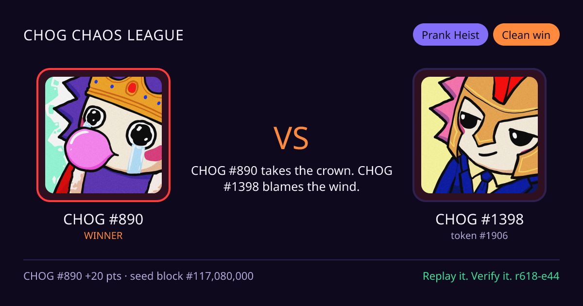 Highlight card: CHOG #890 versus CHOG #1398