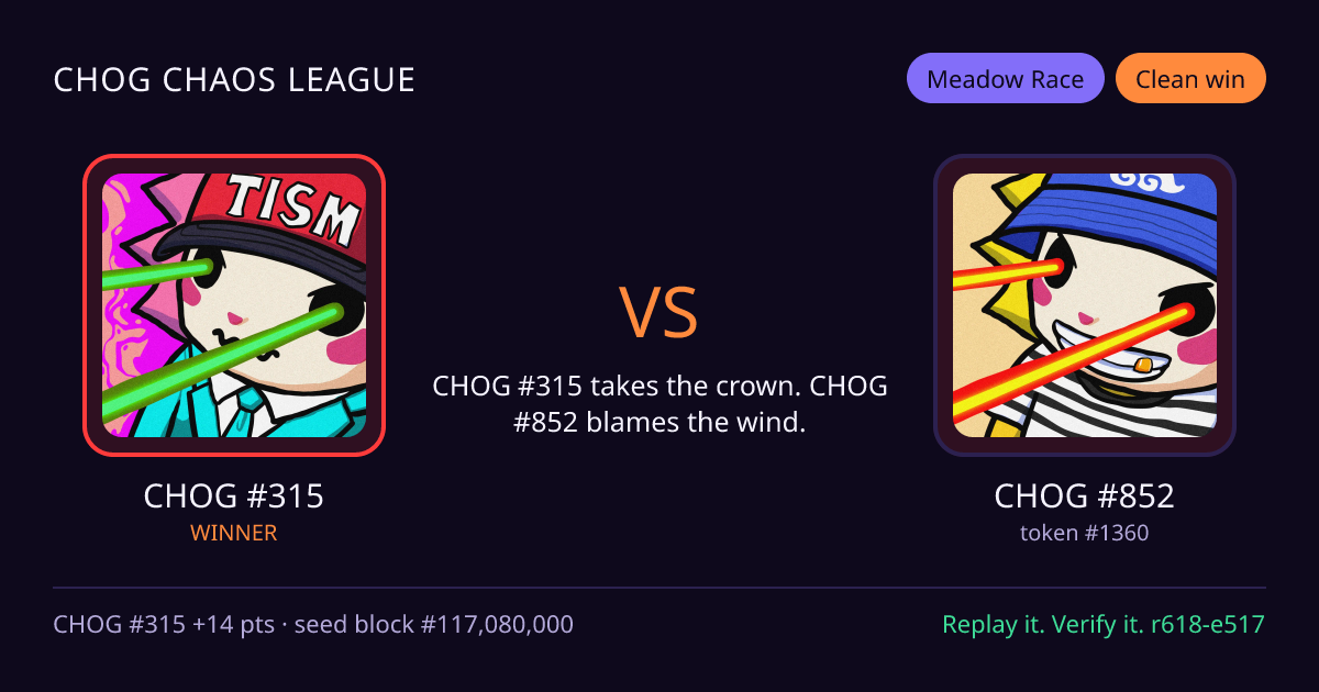 Highlight card: CHOG #315 versus CHOG #852