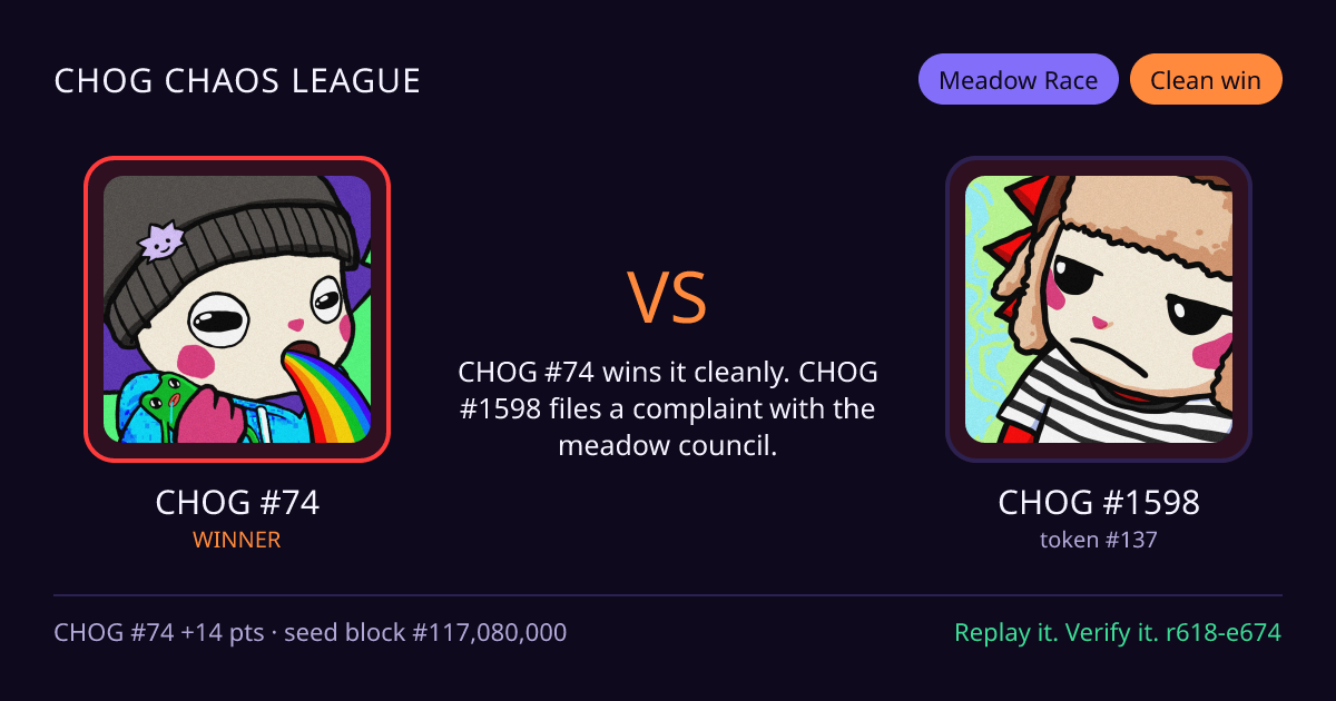 Highlight card: CHOG #74 versus CHOG #1598