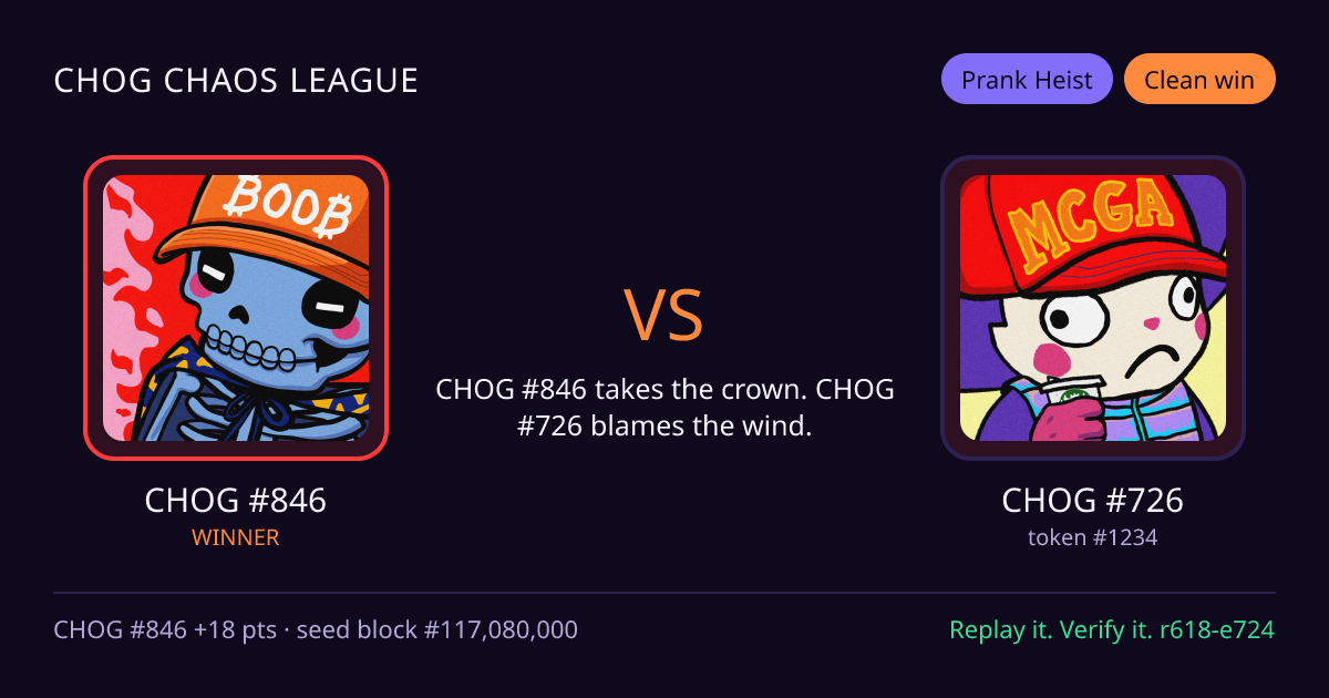 Highlight card: CHOG #846 versus CHOG #726
