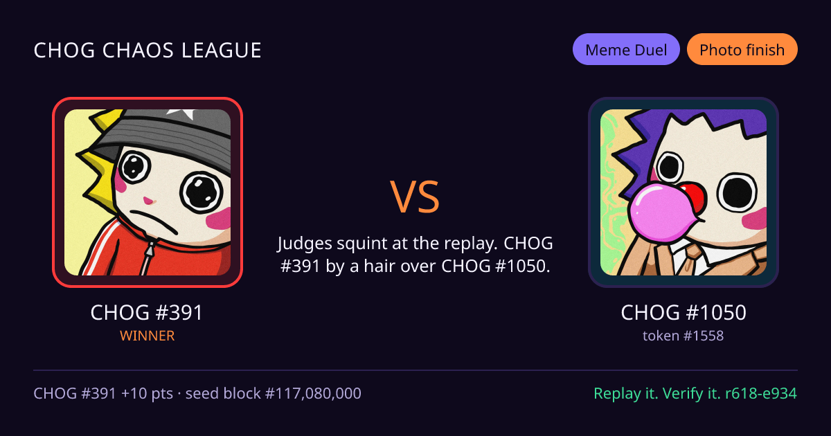 Highlight card: CHOG #391 versus CHOG #1050