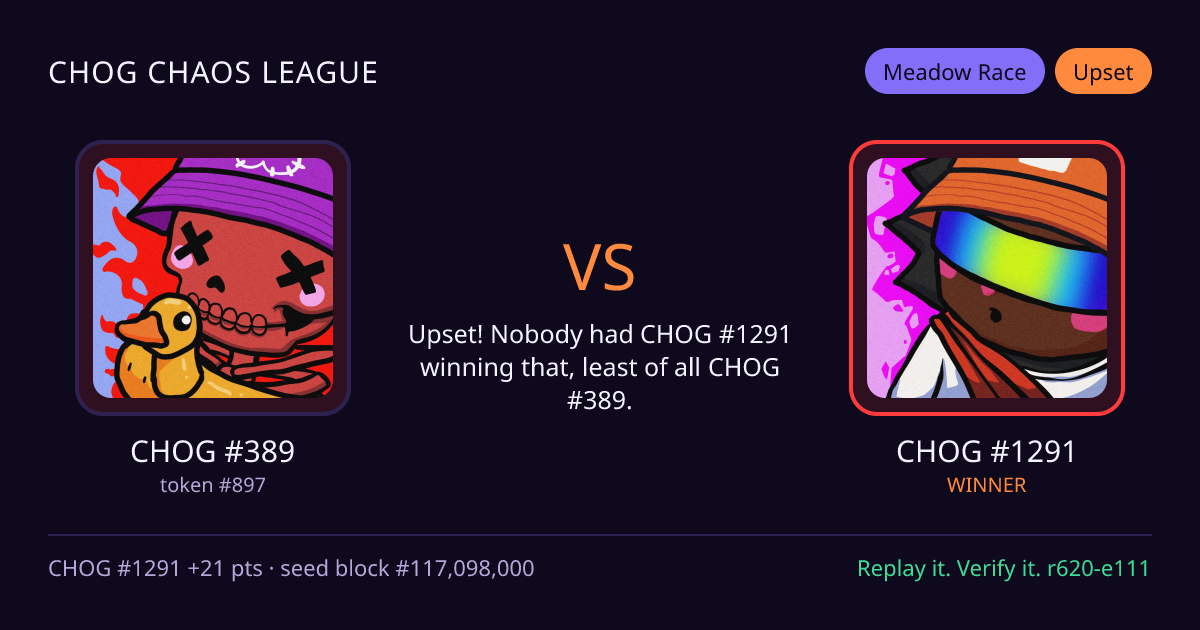 Highlight card: CHOG #389 versus CHOG #1291