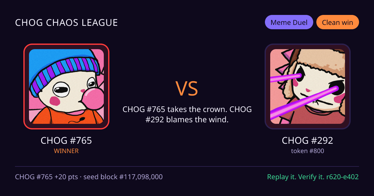 Highlight card: CHOG #765 versus CHOG #292