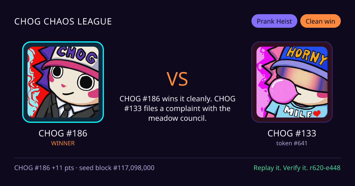 Highlight card: CHOG #186 versus CHOG #133