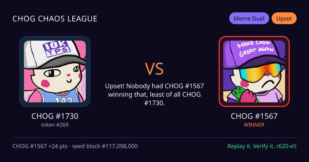 Highlight card: CHOG #1730 versus CHOG #1567