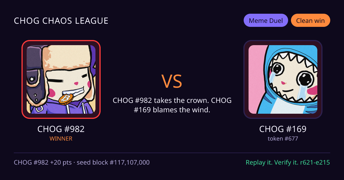Highlight card: CHOG #982 versus CHOG #169