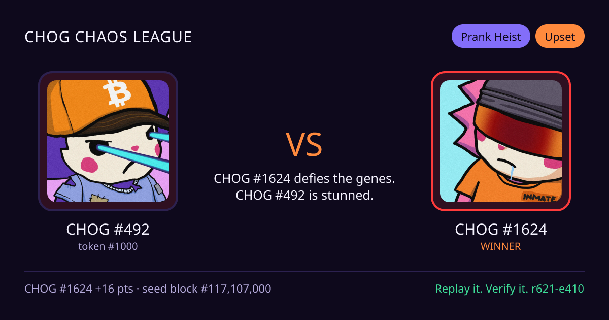 Highlight card: CHOG #492 versus CHOG #1624