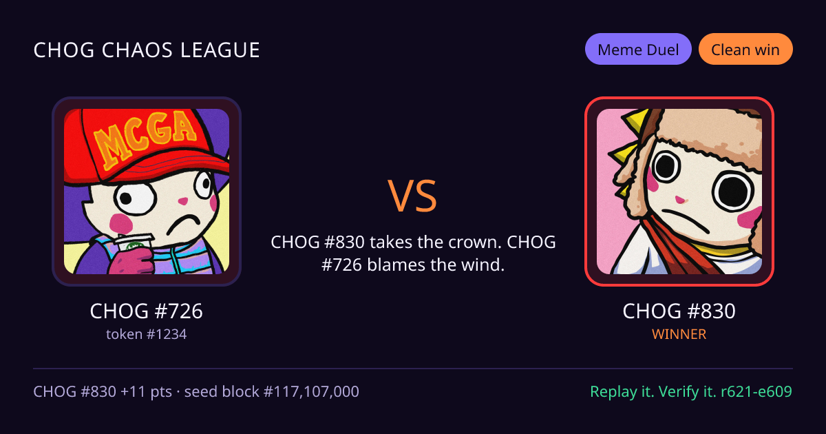Highlight card: CHOG #726 versus CHOG #830