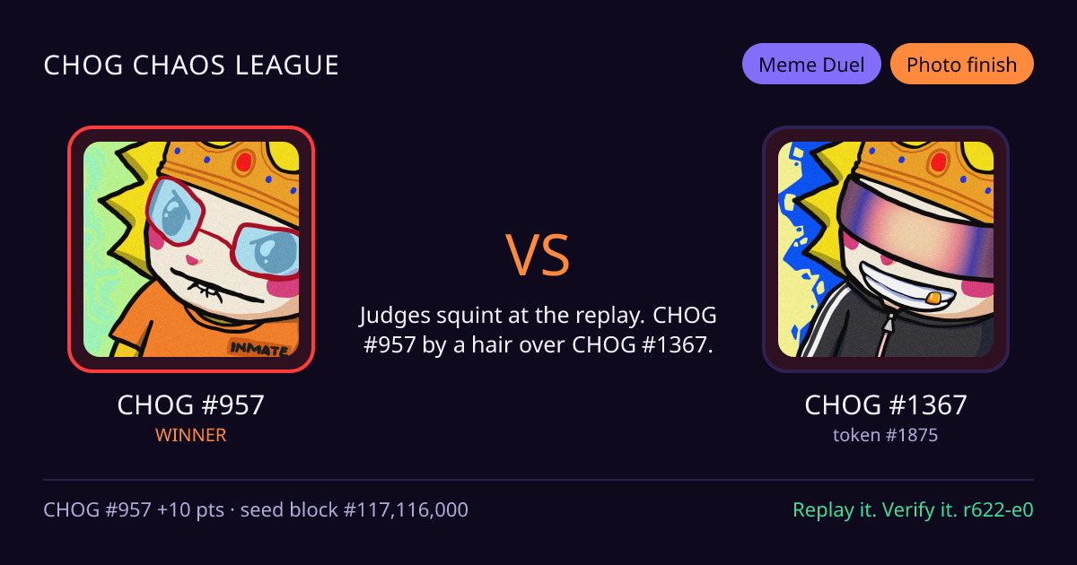 Highlight card: CHOG #957 versus CHOG #1367