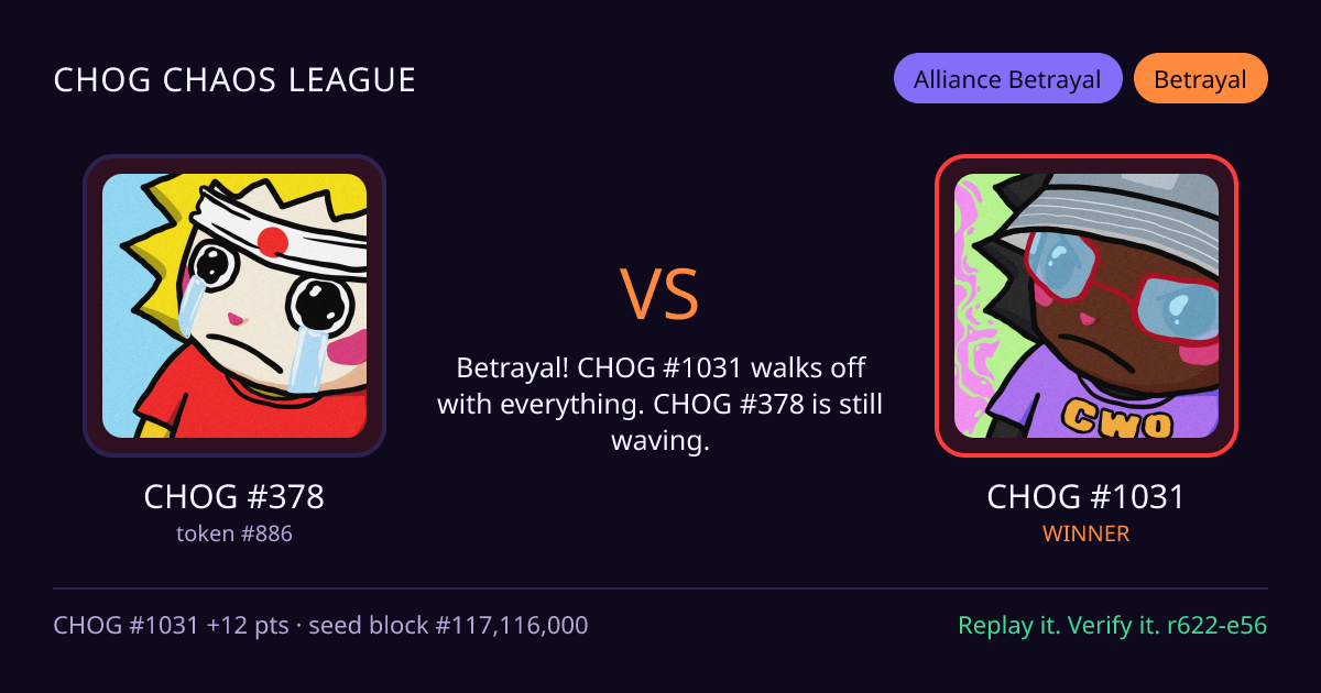 Highlight card: CHOG #378 versus CHOG #1031