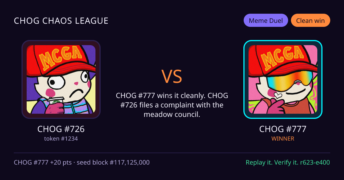 Highlight card: CHOG #726 versus CHOG #777