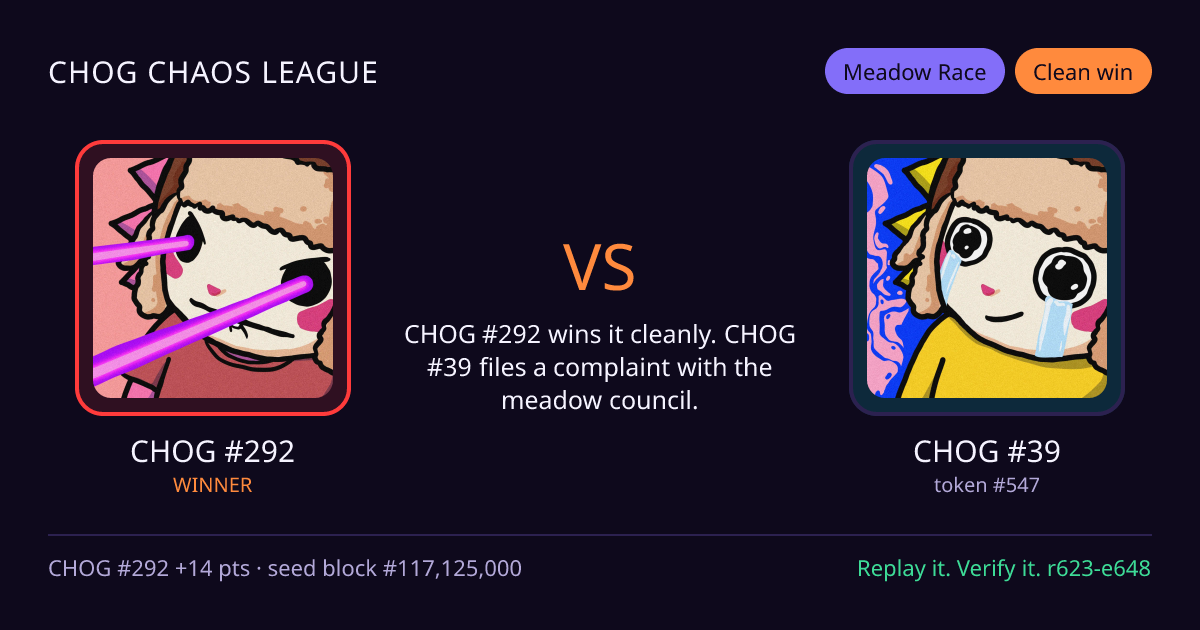 Highlight card: CHOG #292 versus CHOG #39