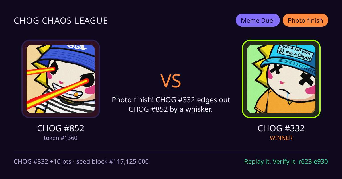 Highlight card: CHOG #852 versus CHOG #332