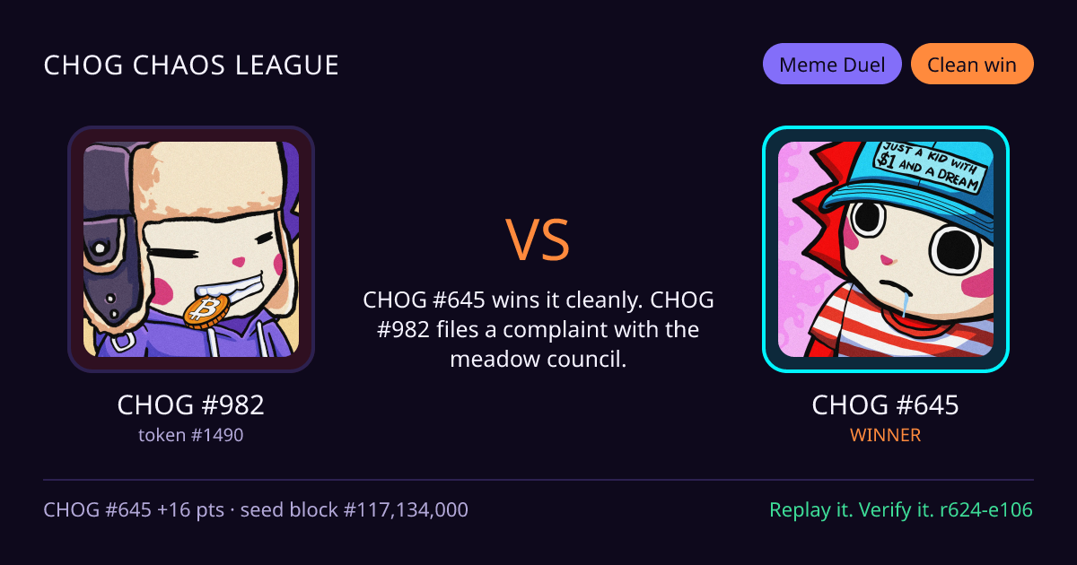 Highlight card: CHOG #982 versus CHOG #645