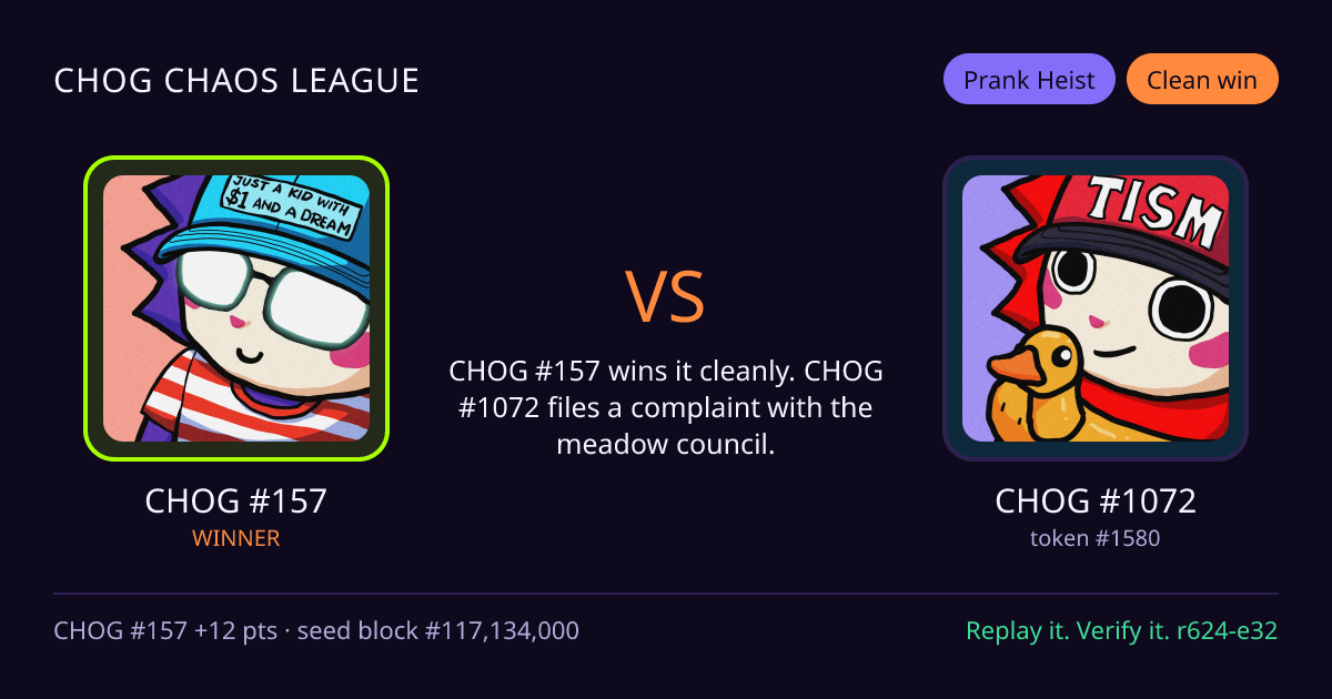 Highlight card: CHOG #157 versus CHOG #1072