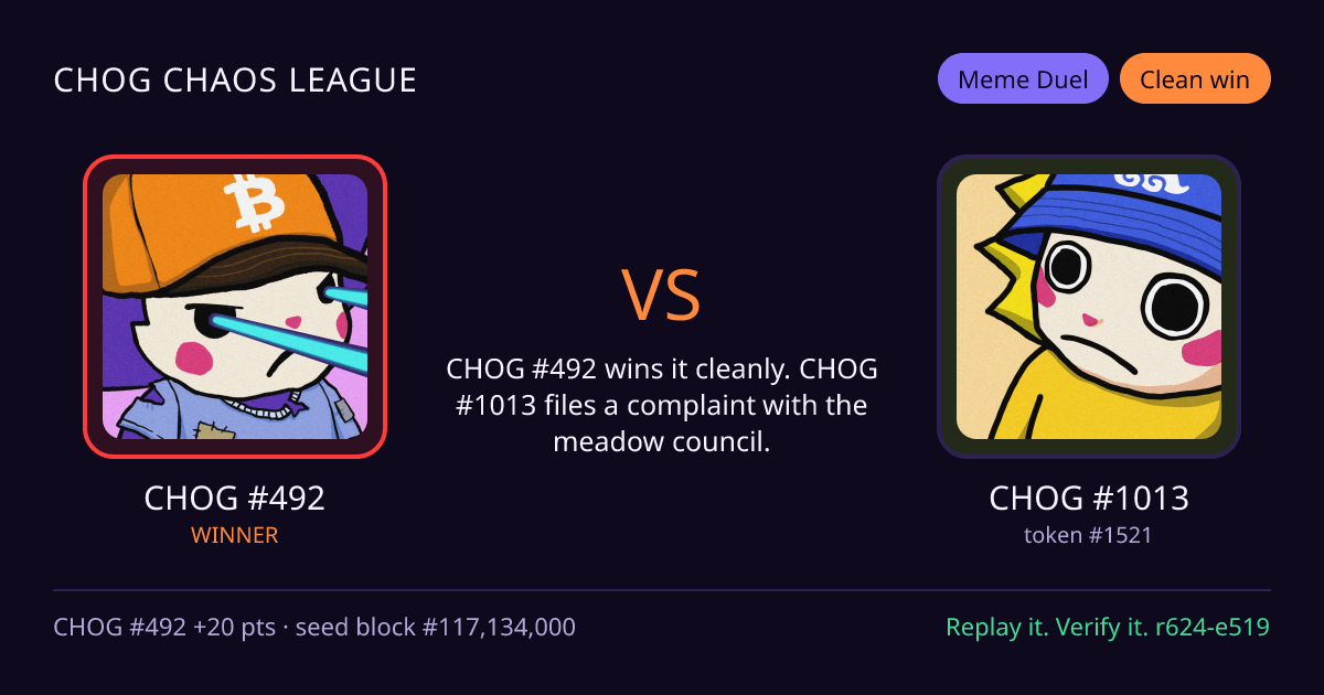 Highlight card: CHOG #492 versus CHOG #1013