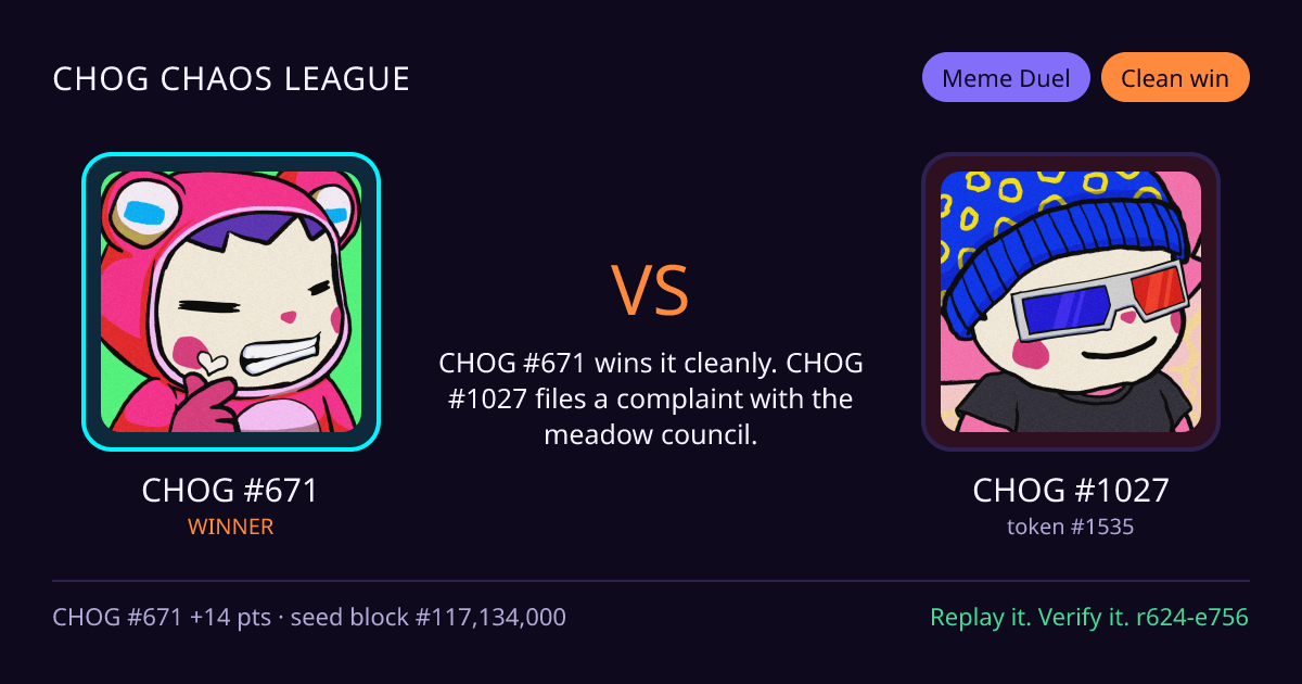 Highlight card: CHOG #671 versus CHOG #1027