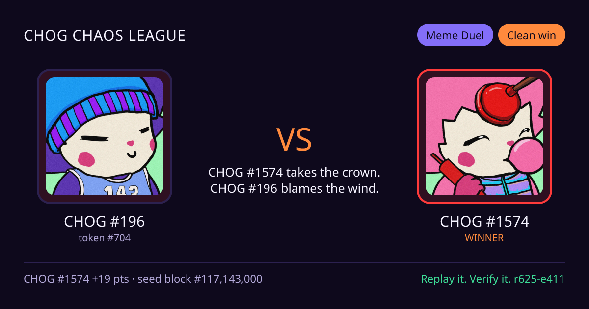 Highlight card: CHOG #196 versus CHOG #1574