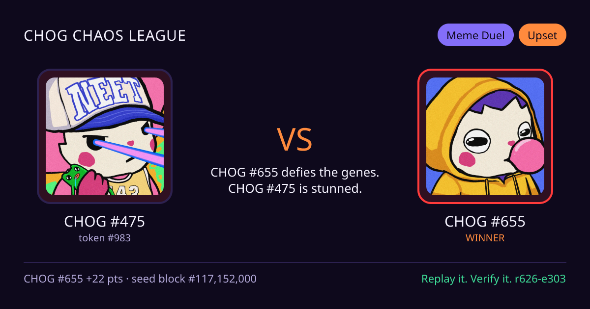 Highlight card: CHOG #475 versus CHOG #655